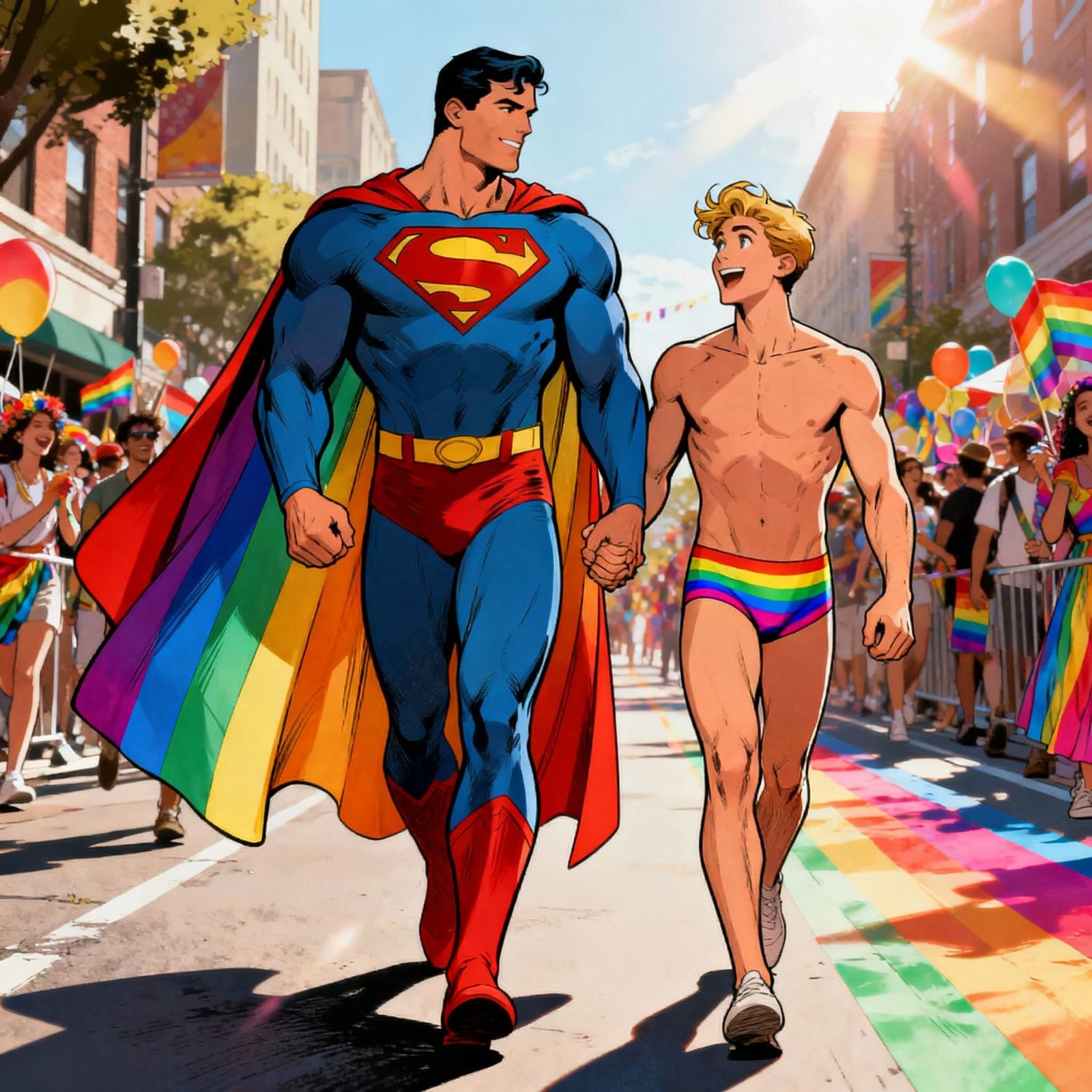 Superman and Jimmy Olsen at Pride Parade in Comic Style