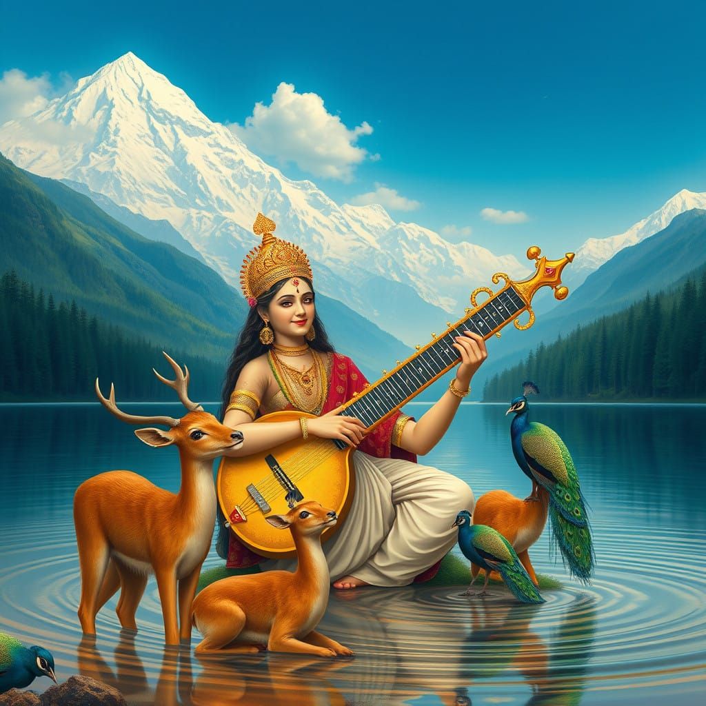 Saraswati Goddess Plays Veena on Majestic Blue Lake