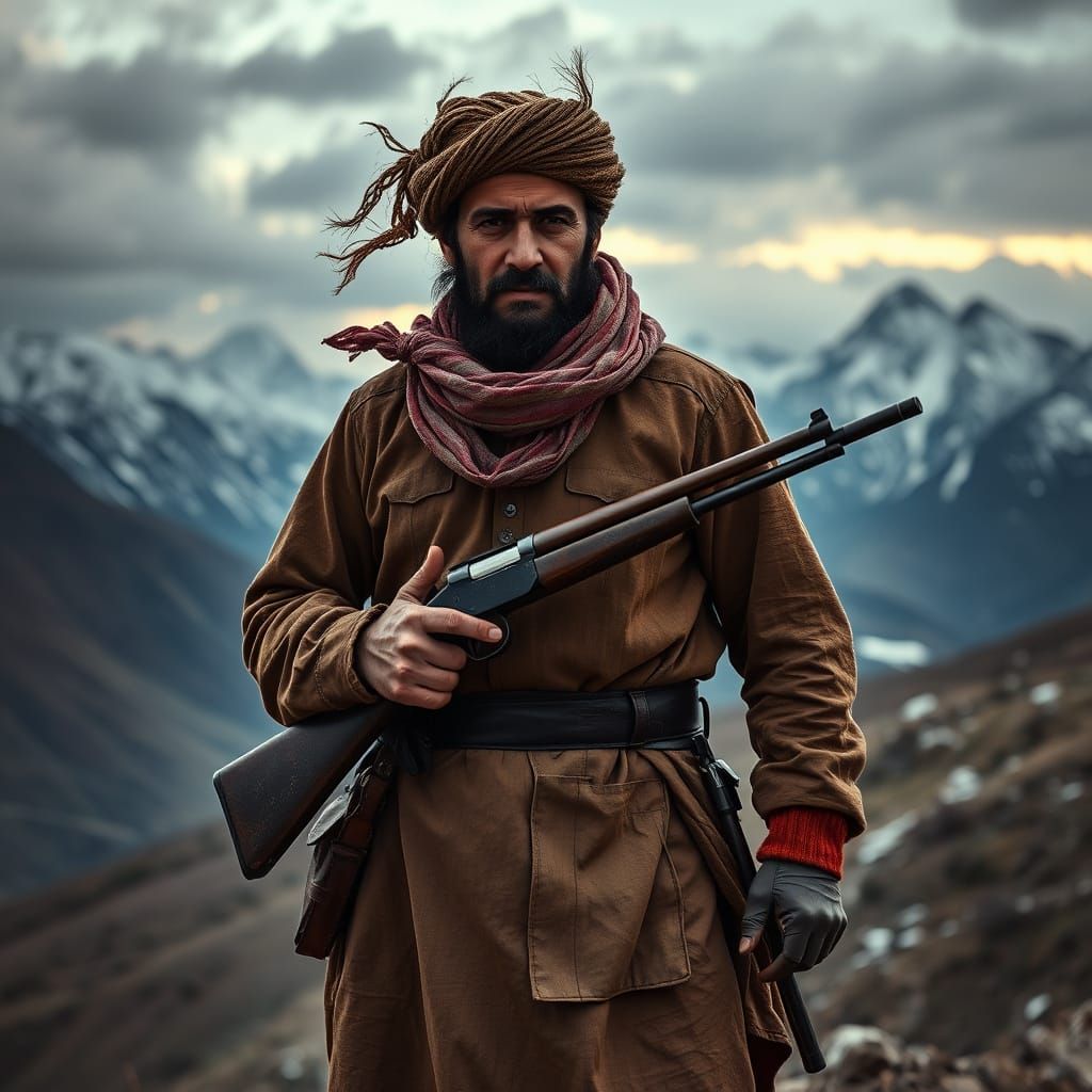 Afghan Warrior in Windswept Landscape
