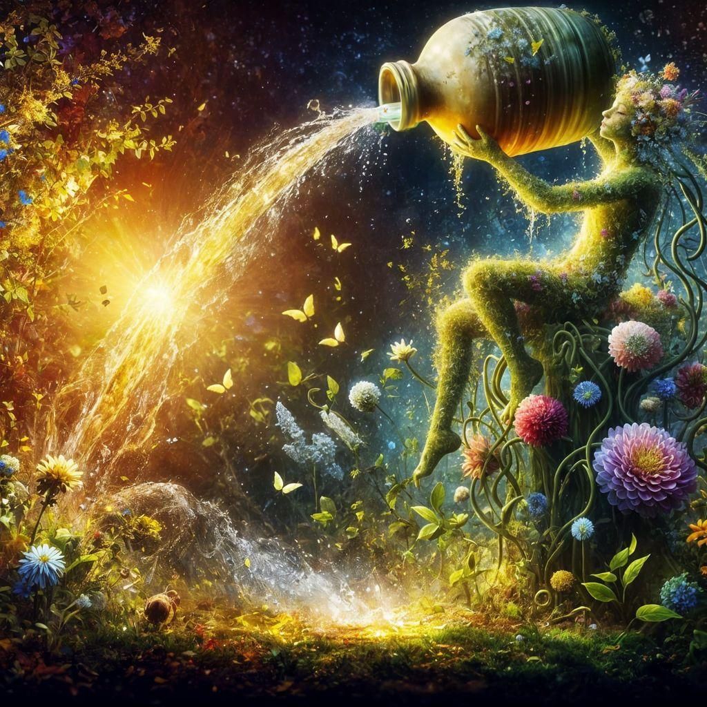 Water Nymph Made of Flowers Pours Sunlight