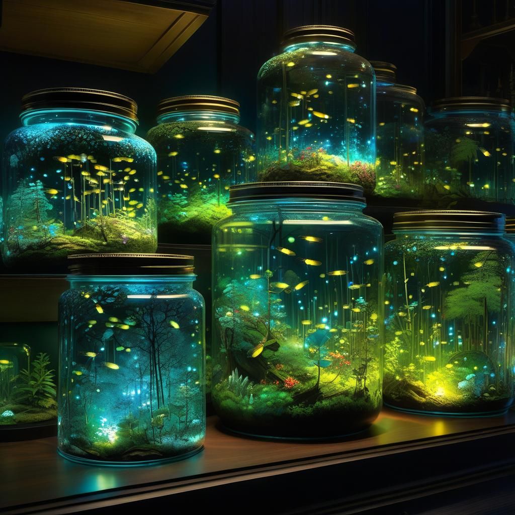 Glowing Fireflies in Fantastical Forest in a Jar