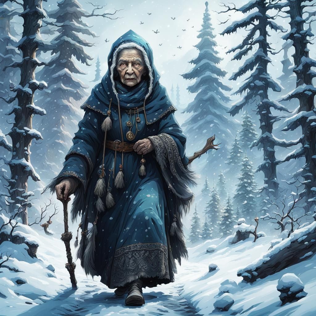 Baba Yaga in Snowy Forest: Digital Matte Painting