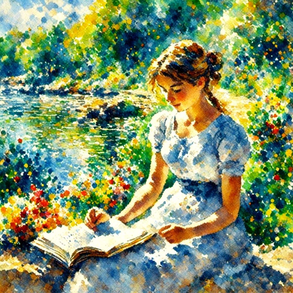 Girl Reading by River in Folk Art Style