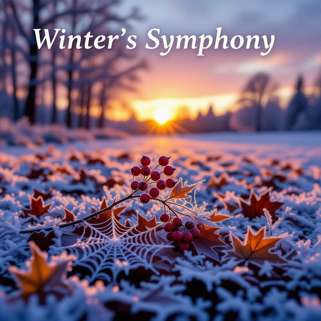 Winter's Symphony: Frosty Rowan Branch in Golden Hour Light