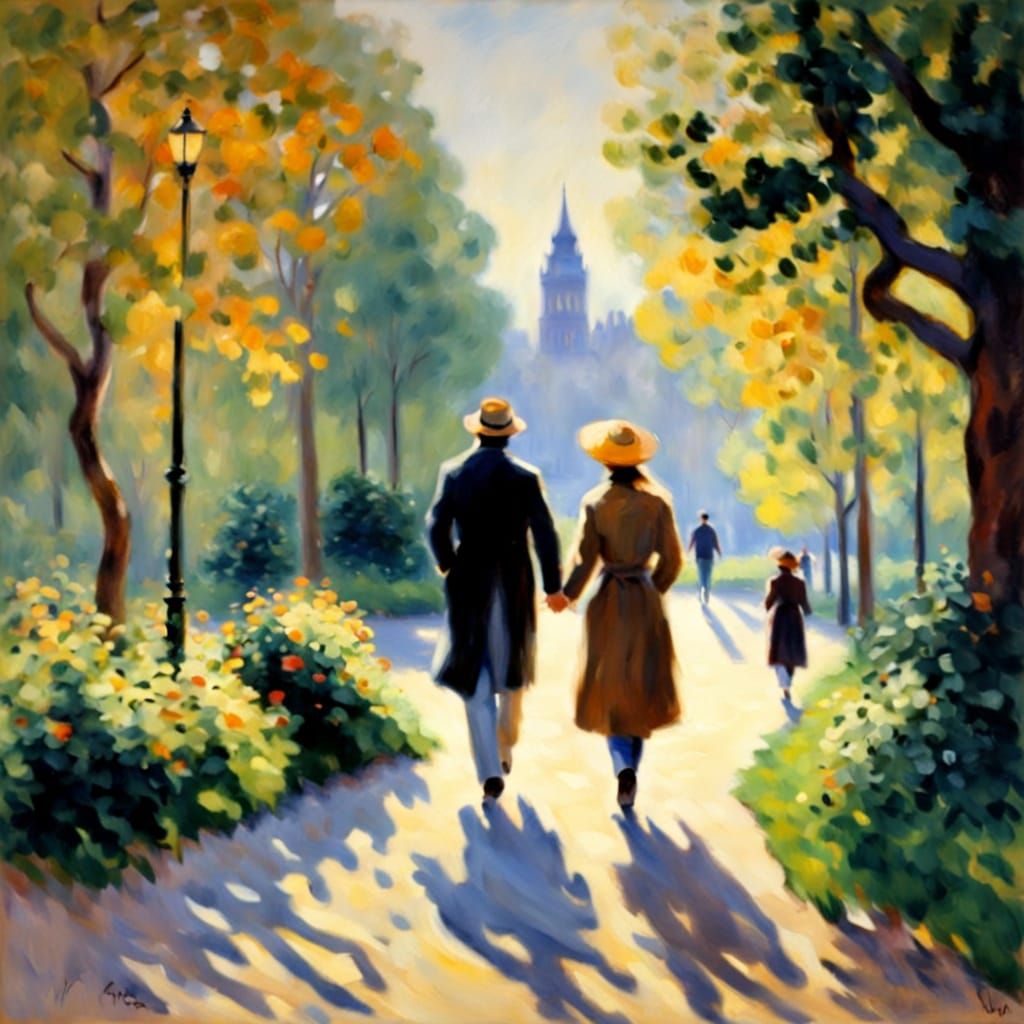 Impressionist Couple Stroll in Park with Golden Light