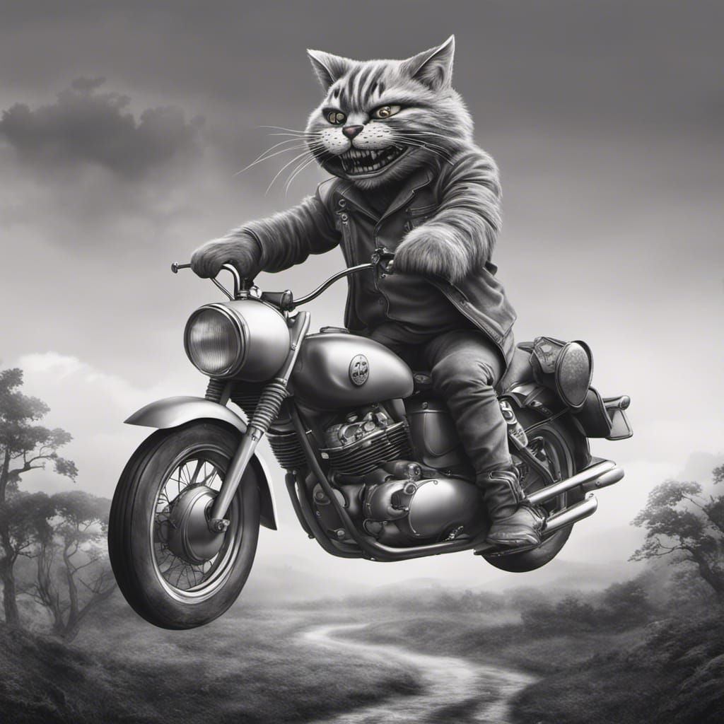 Hyperrealistic Cheshire Cat Rides Motorcycle in Greyscale