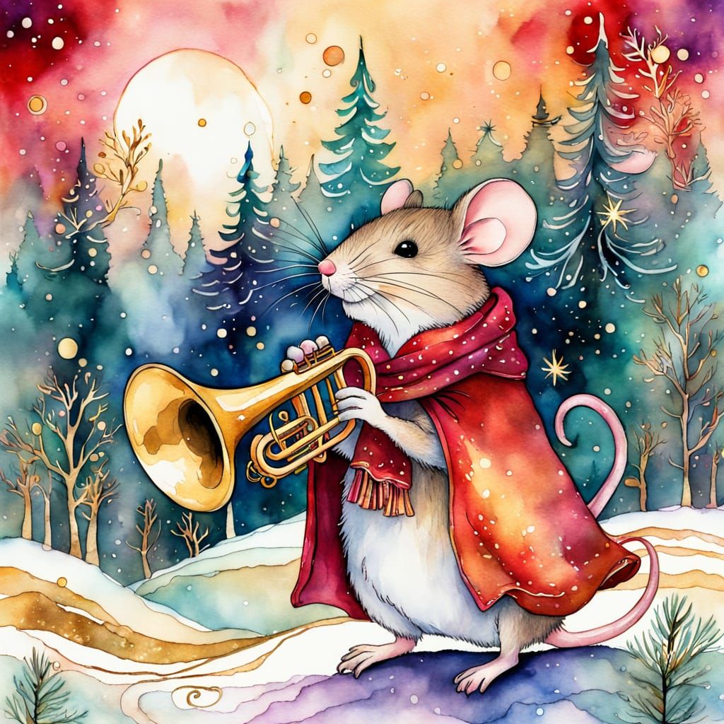 Mouse Plays Trumpet in Whimsical Fairytale Style