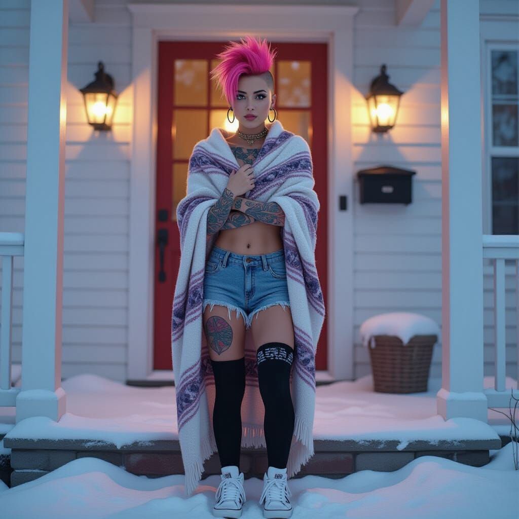Woman with Pink Mohawk on Snowy Porch