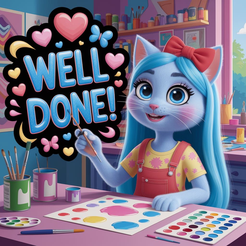 Vibrant Cartoon Cat in a Whimsical Art Studio