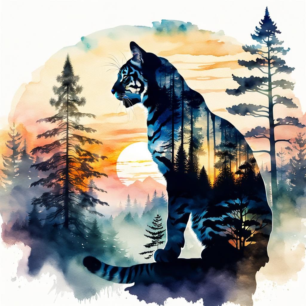 Cat and Tiger Double Exposure in Watercolor