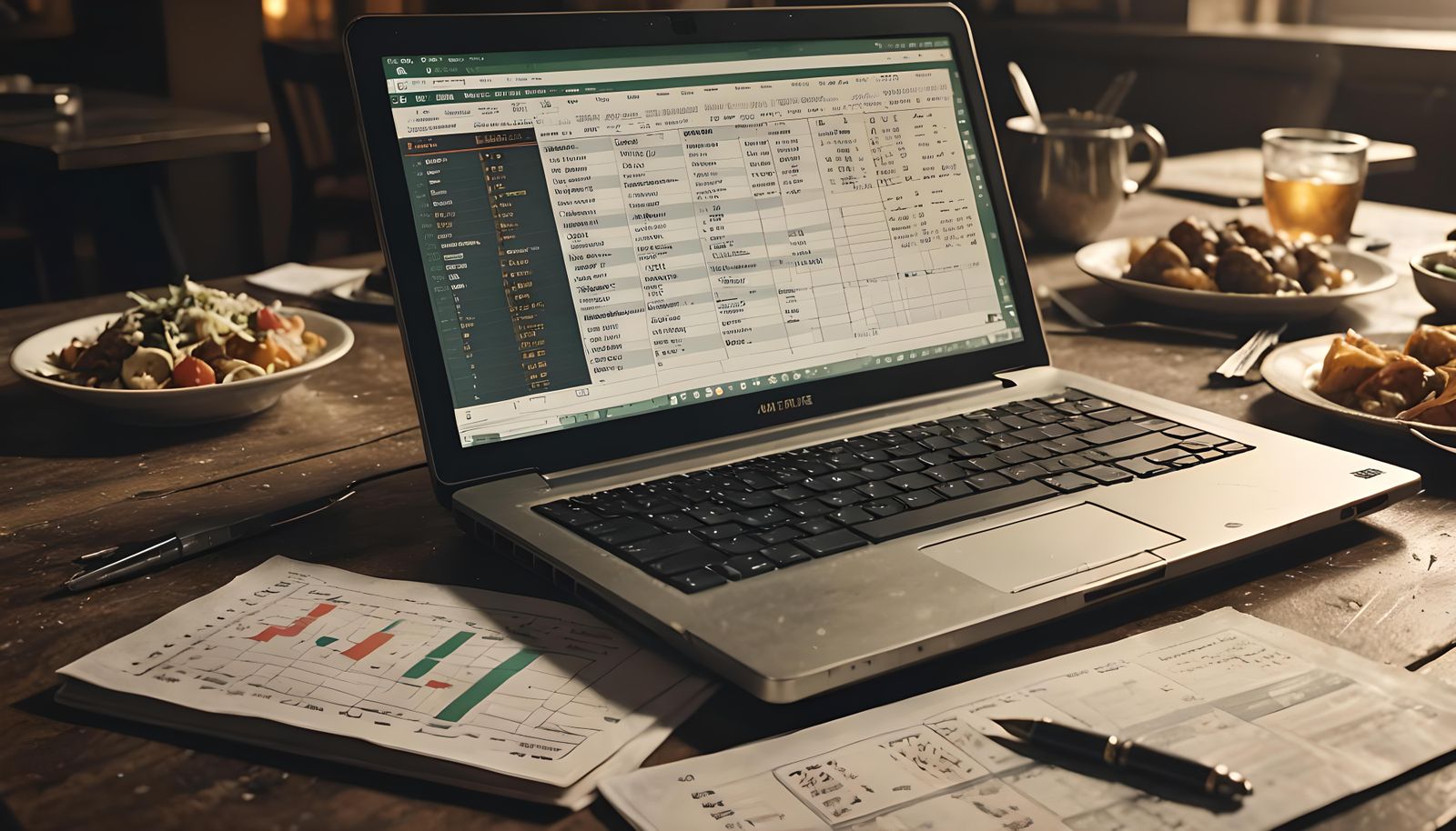Italian Meal with Laptop in Empty Restaurant