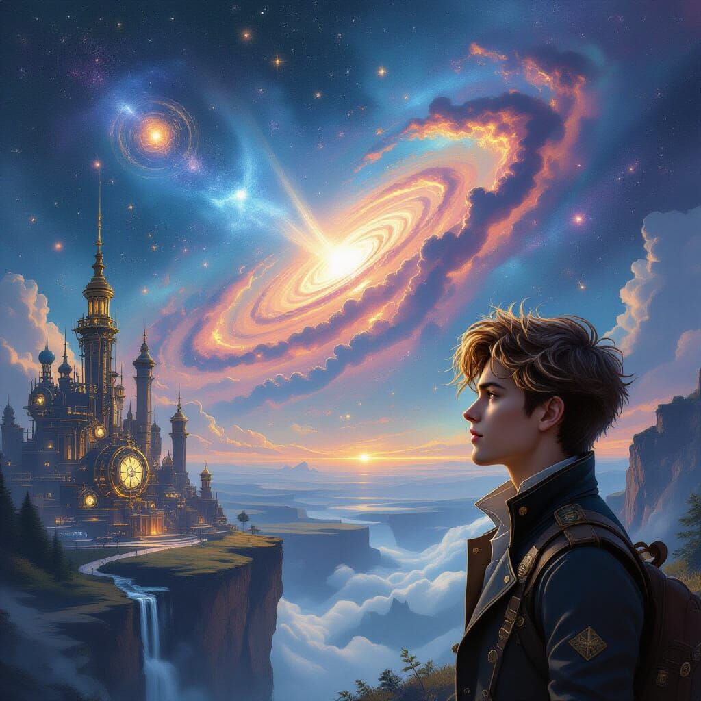 Man on Cliff Overlooking Steampunk City and Nebula
