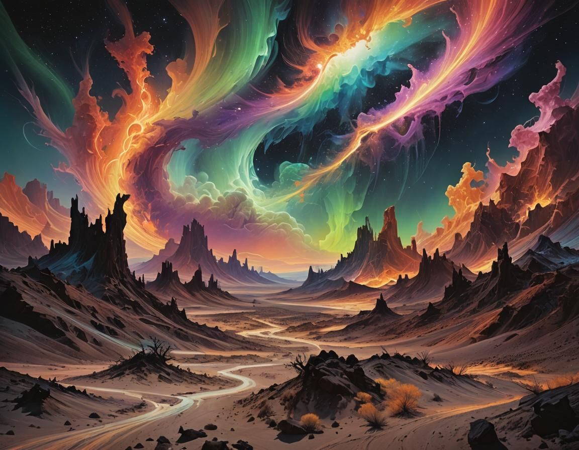 Surreal Desertscape with Auroral Lights in Abstract Style
