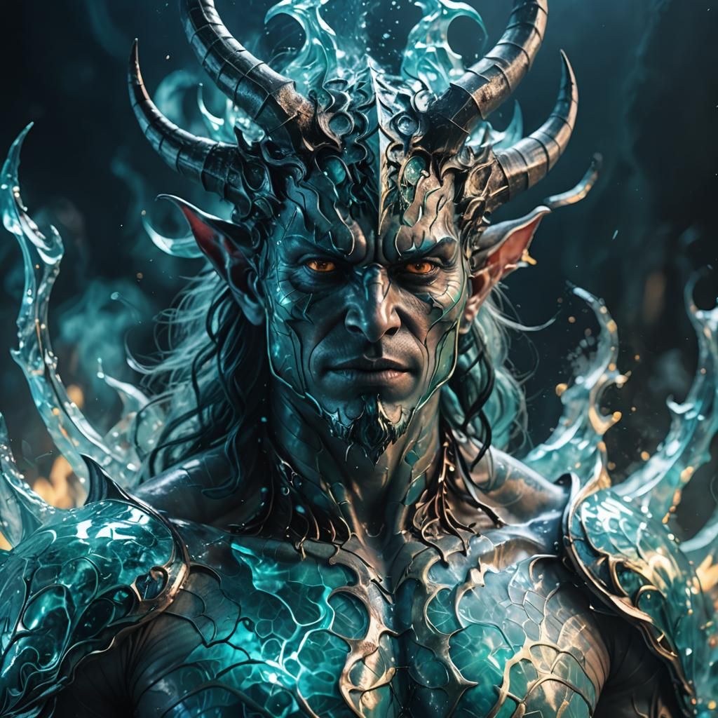 Demon Portrait with Aqua Energy Double Exposure