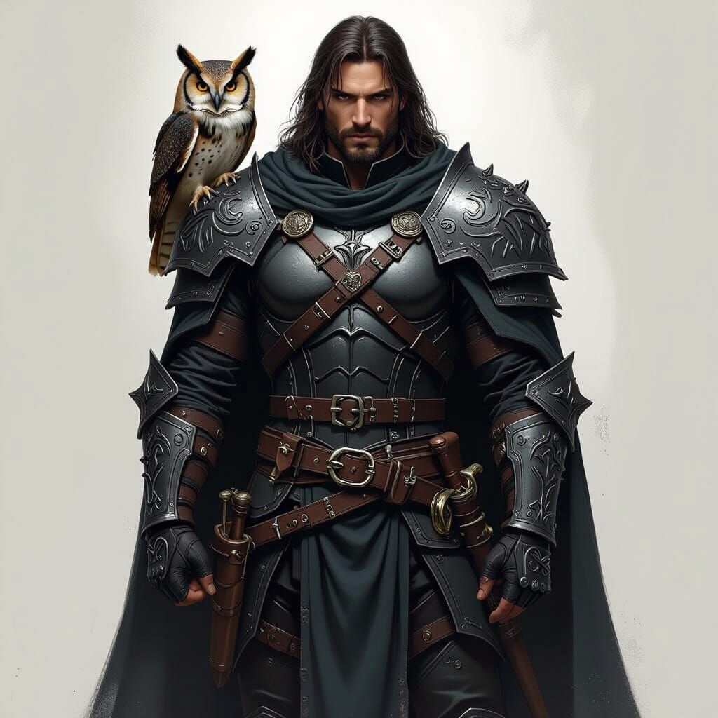 Armored Fantasy Hunter with Owl, Dark Metal Attire