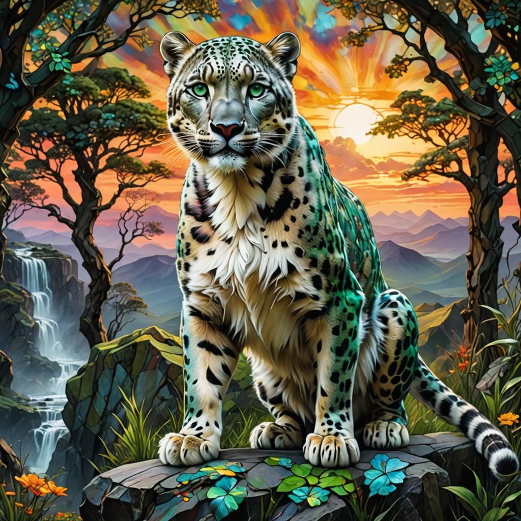Stained Glass Snow Leopard on Rock