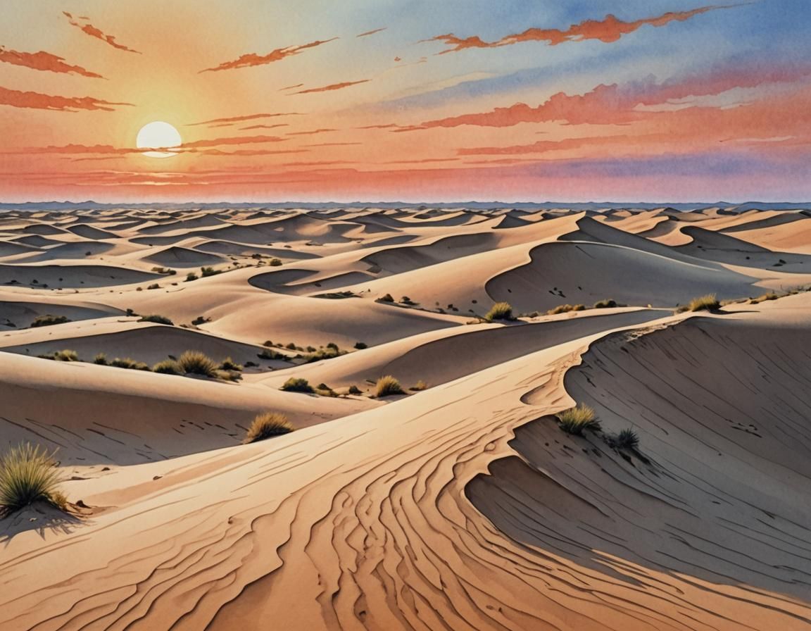 Sand Dunes at Dawn in Gouache Style