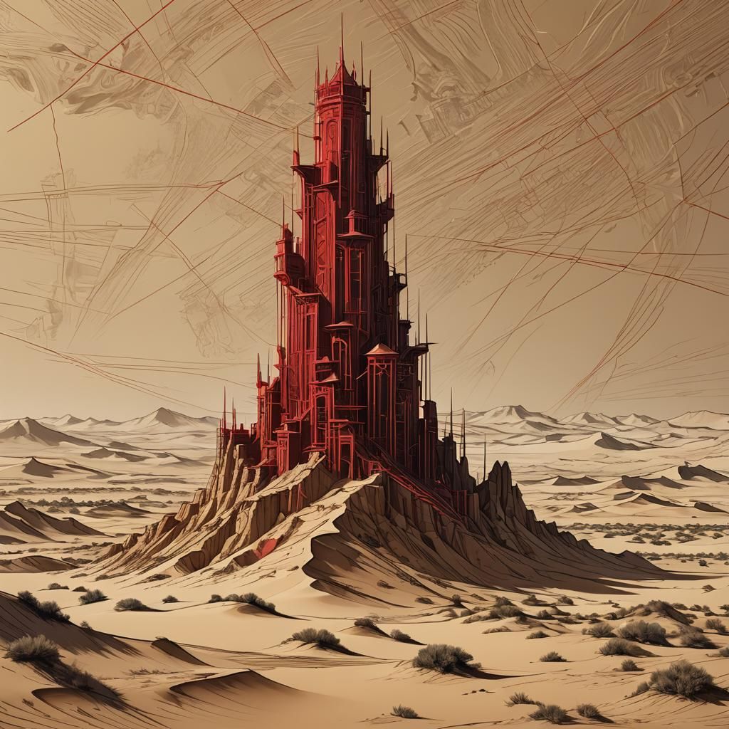 Majestic Desert Tower Blueprint Art in Golden Ratio