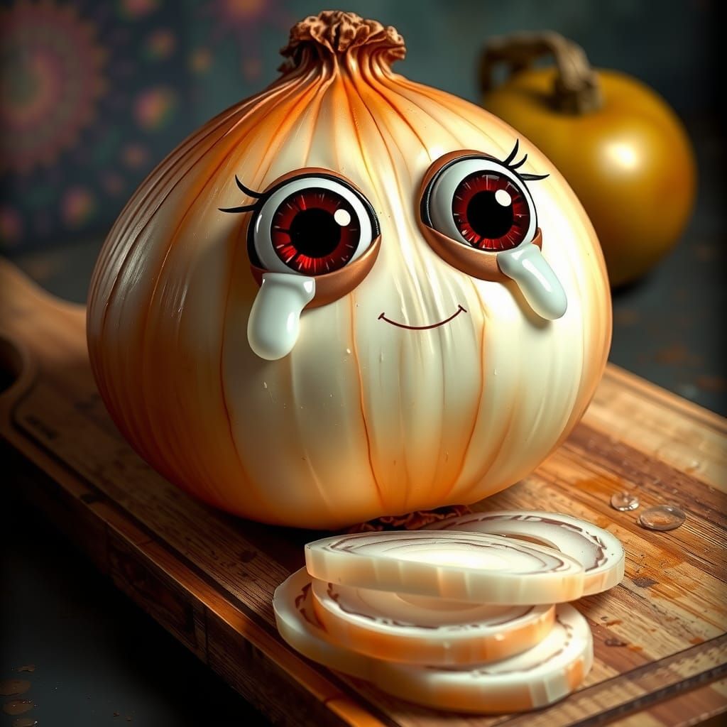 Crying Onion with Googly Eyes: Hyperrealistic Splash Art