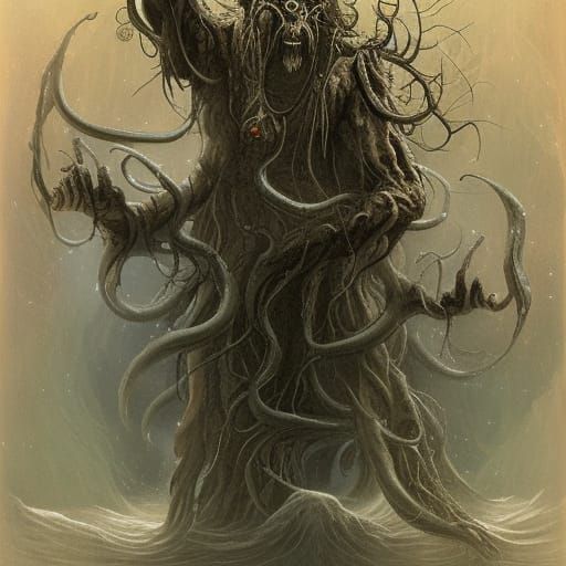 Eldritch Druid Emerges from Ocean: A Biopunk Horror