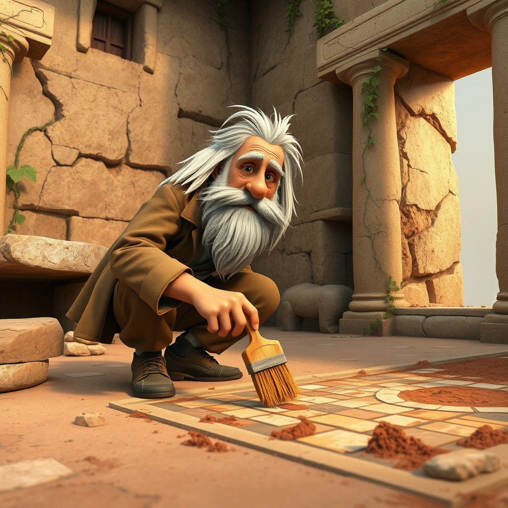 Archeologist Uncovers Ancient Mosaic in 3D Cartoon Style