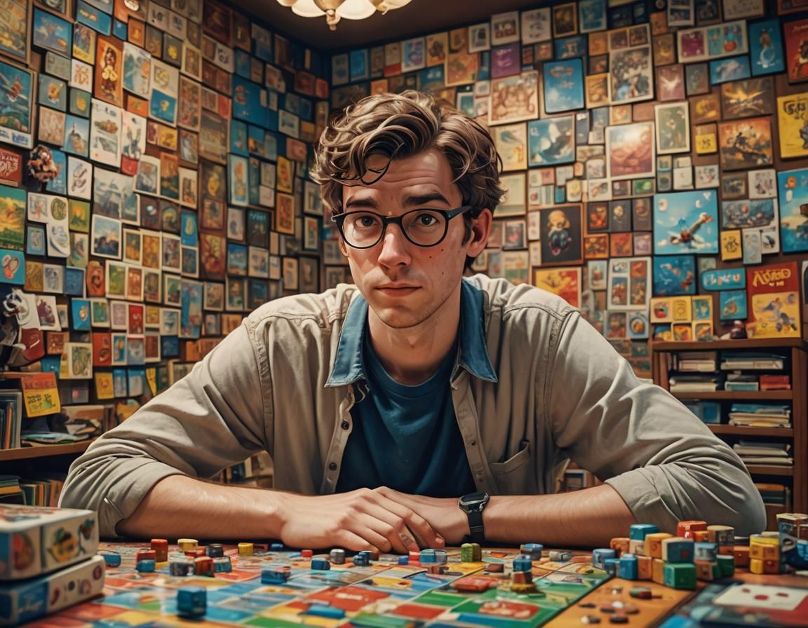 Hyperrealistic Nerd Surrounded by Boardgames