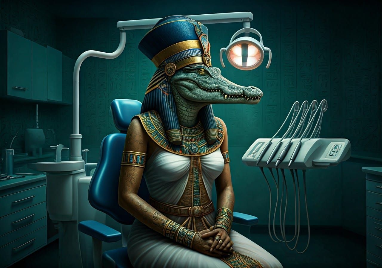 Egyptian Goddess in Dentist Chair, Surreal Photorealism