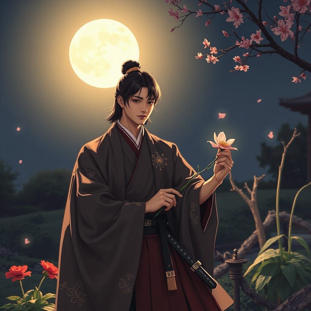 Elegant Samurai in Moonlit Garden