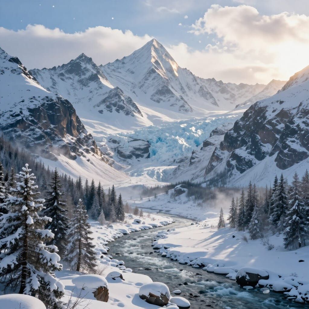 Majestic Snowy Mountains in Soft Sunlight