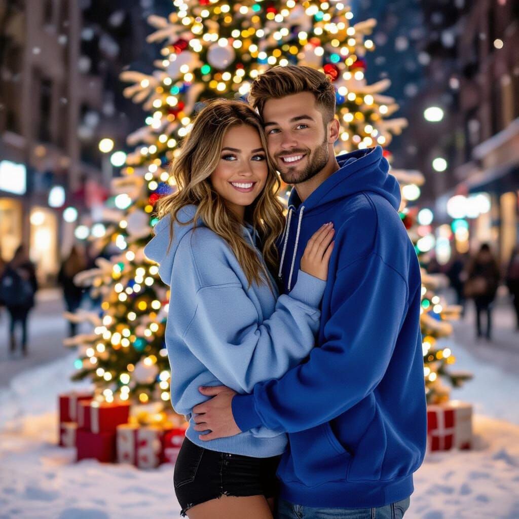 Couple Hugs Christmas Tree on City Street at Night