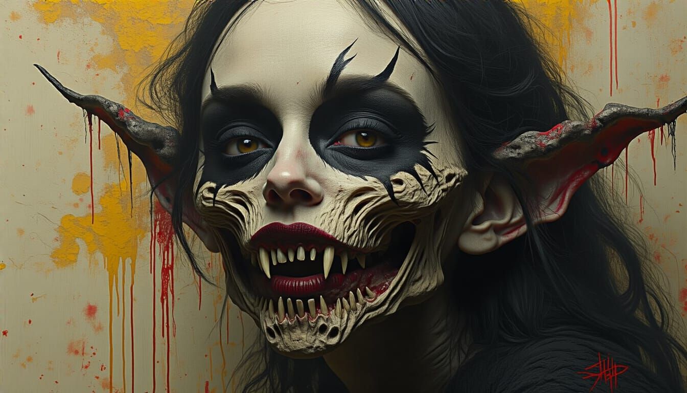 Grotesque Demon Oil Painting with Biomechanical Style