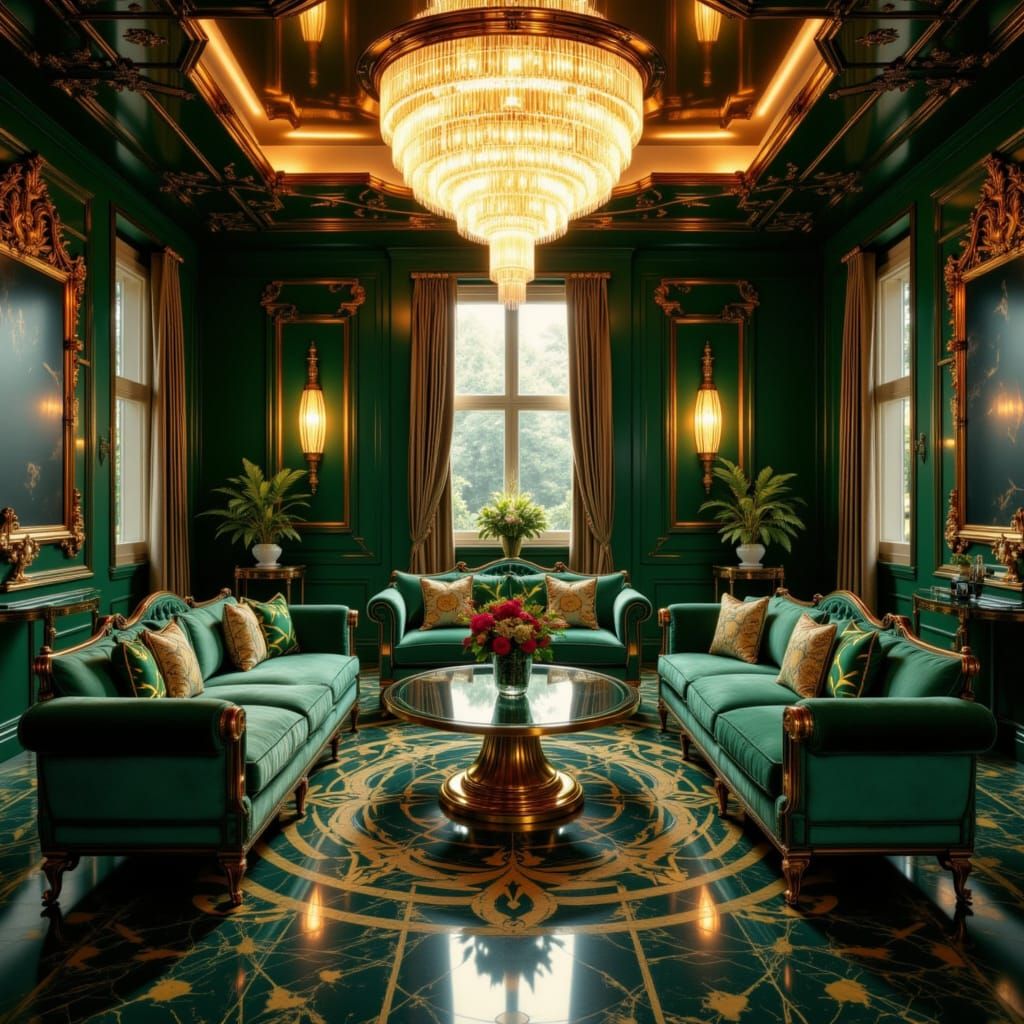 Opulent Art Deco Living Room with Chandelier