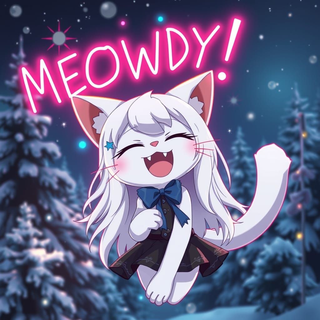 Joyful Anime Catgirl Dances Under Starry Night Sky