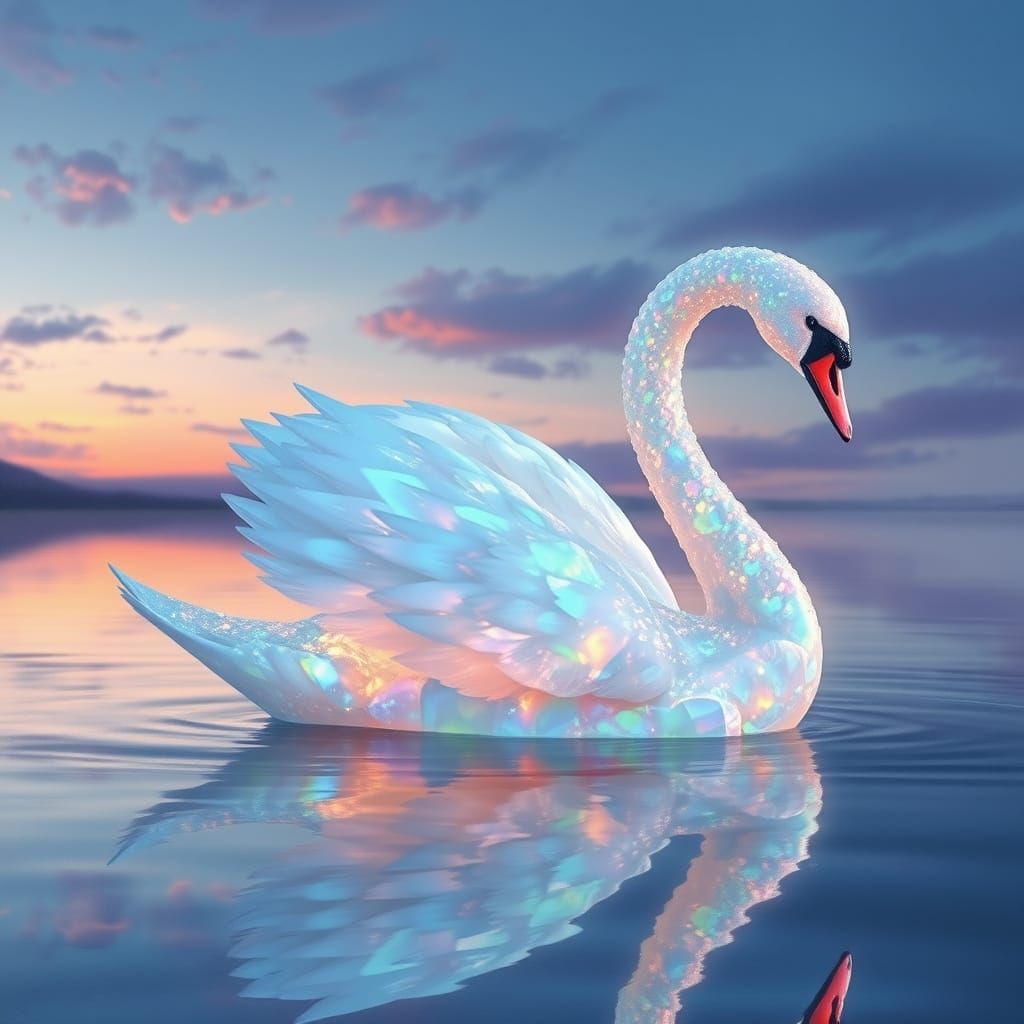 Opal Swan Glides on Twilight Lake: Fantasy Art