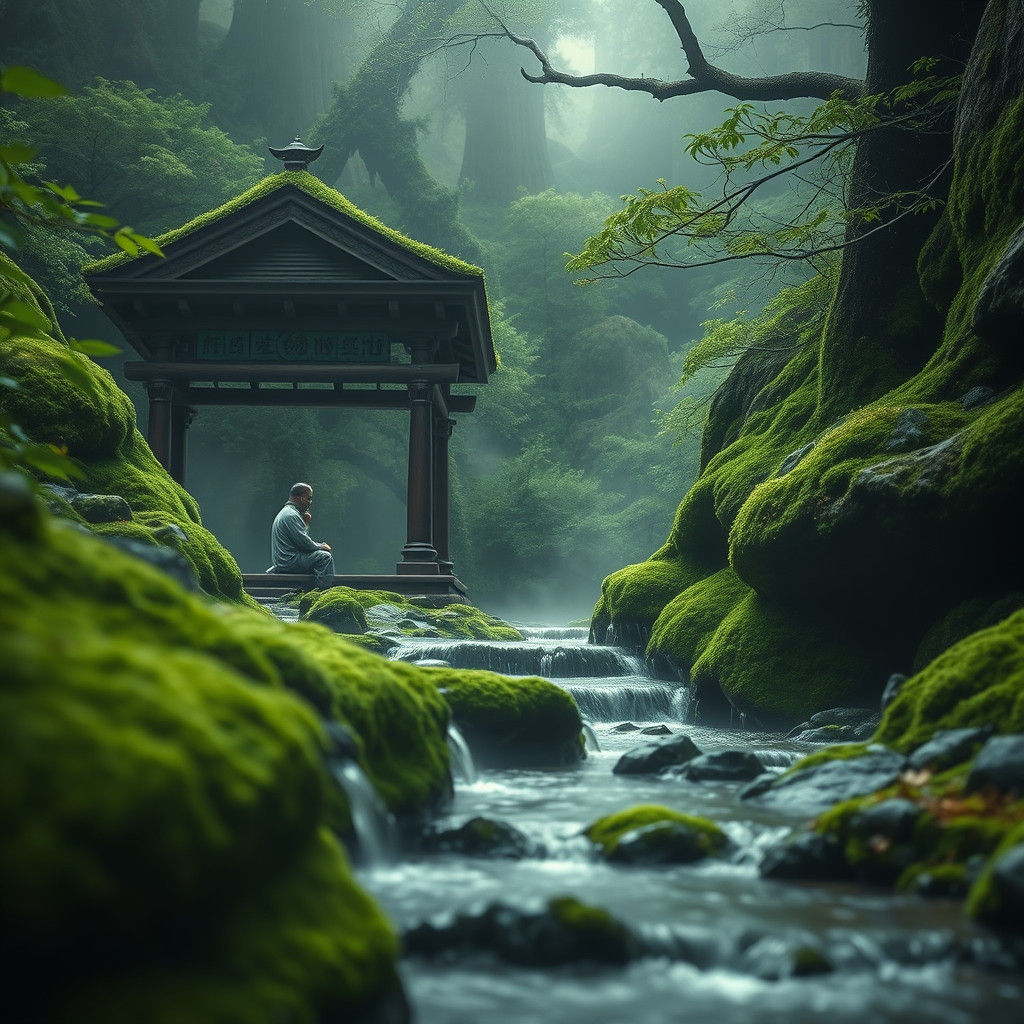 Contemplative Hermitage Scene in Lush Greenery