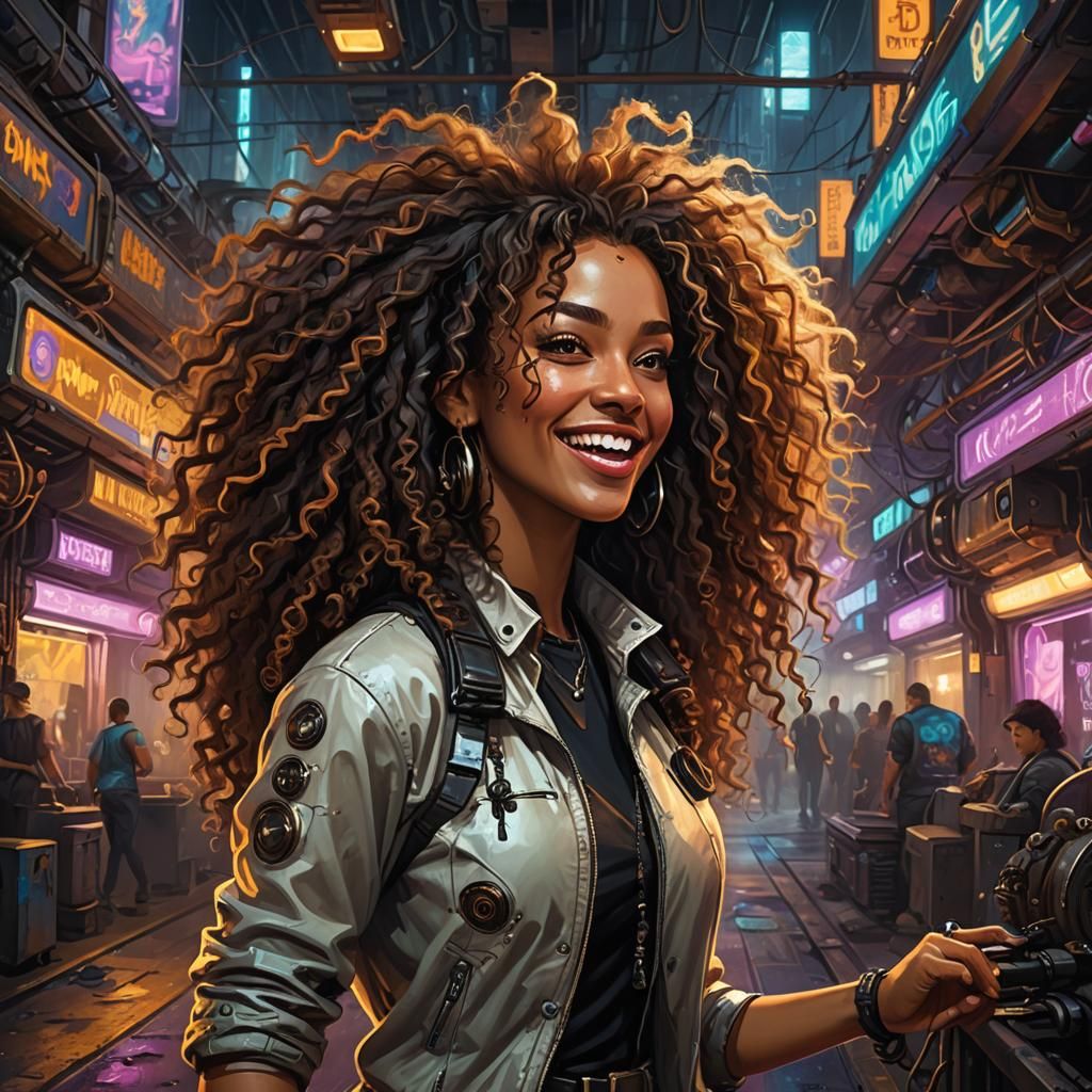 Joyful Woman in Underground Cyberpunk City