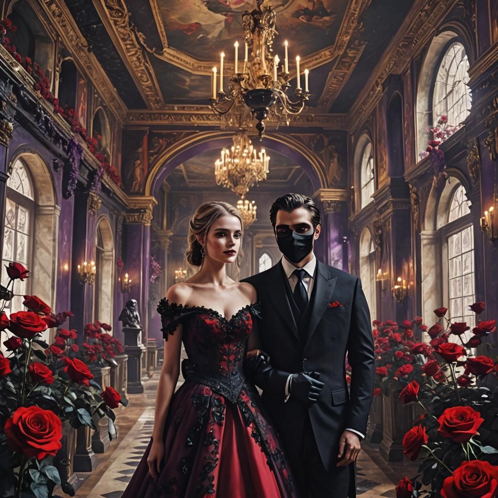 Masked Couple in Palace Hall with Purple Roses