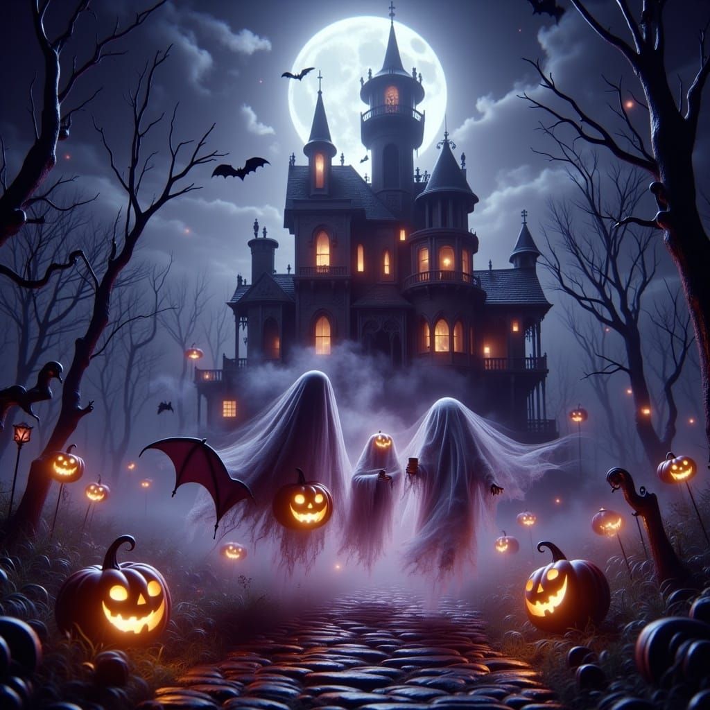 Halloween Night: Children at Haunted House in Gothic Fantasy...