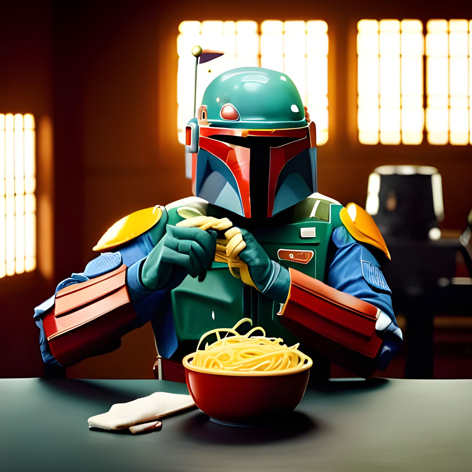 Hyperrealistic Boba Fett with Spaghetti, 8k