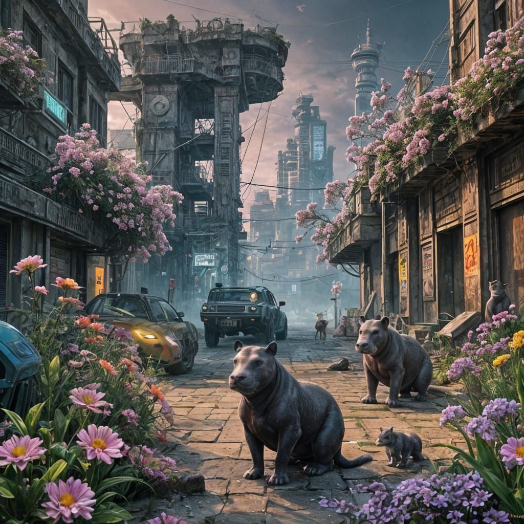 Cyberpunk Ruins: Cats, Hippos, Flowers, and the Sea