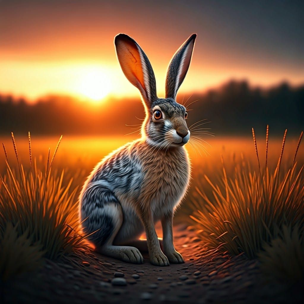 Cute Jackrabbit in a Field at Sunrise