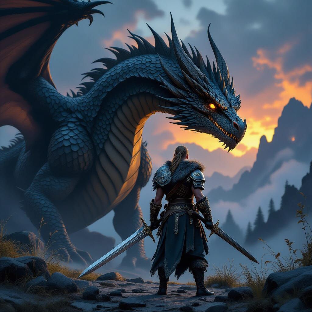 Viking Boy and Dragon in Dark Fantasy Landscape