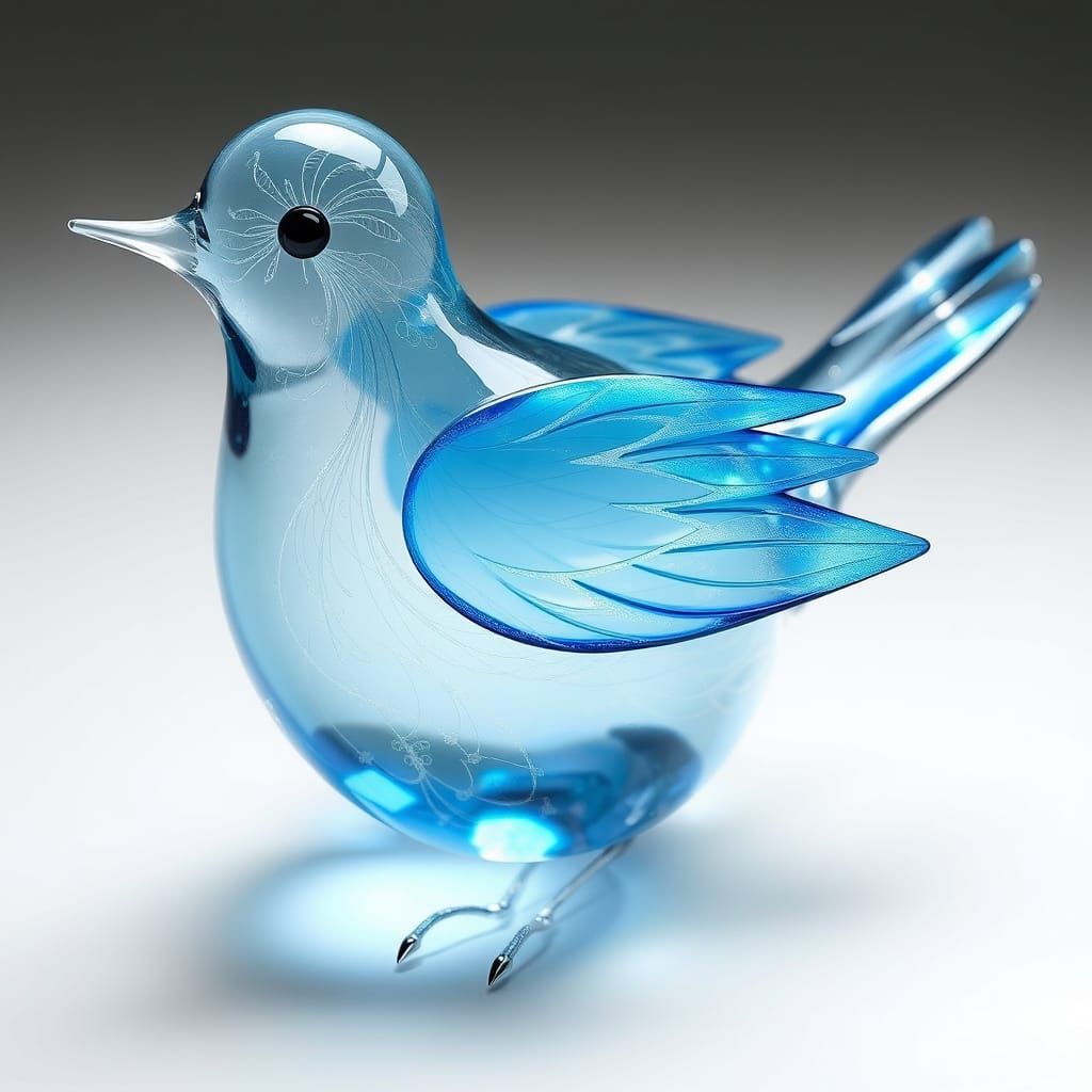 Elegant Glass Bird with Delicate Etchings and Blue Accents