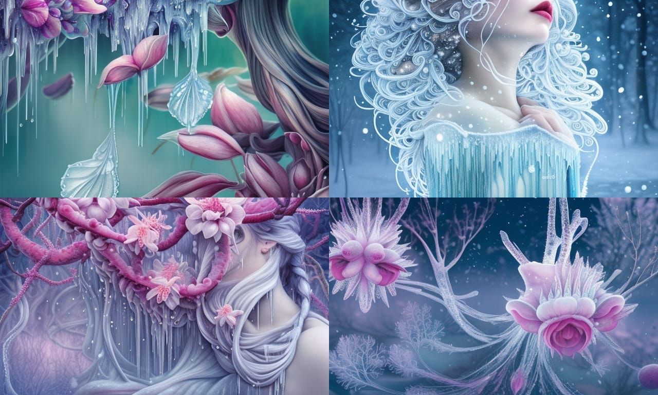 Frozen Blossoms in Wintry Garden with Liquid Details