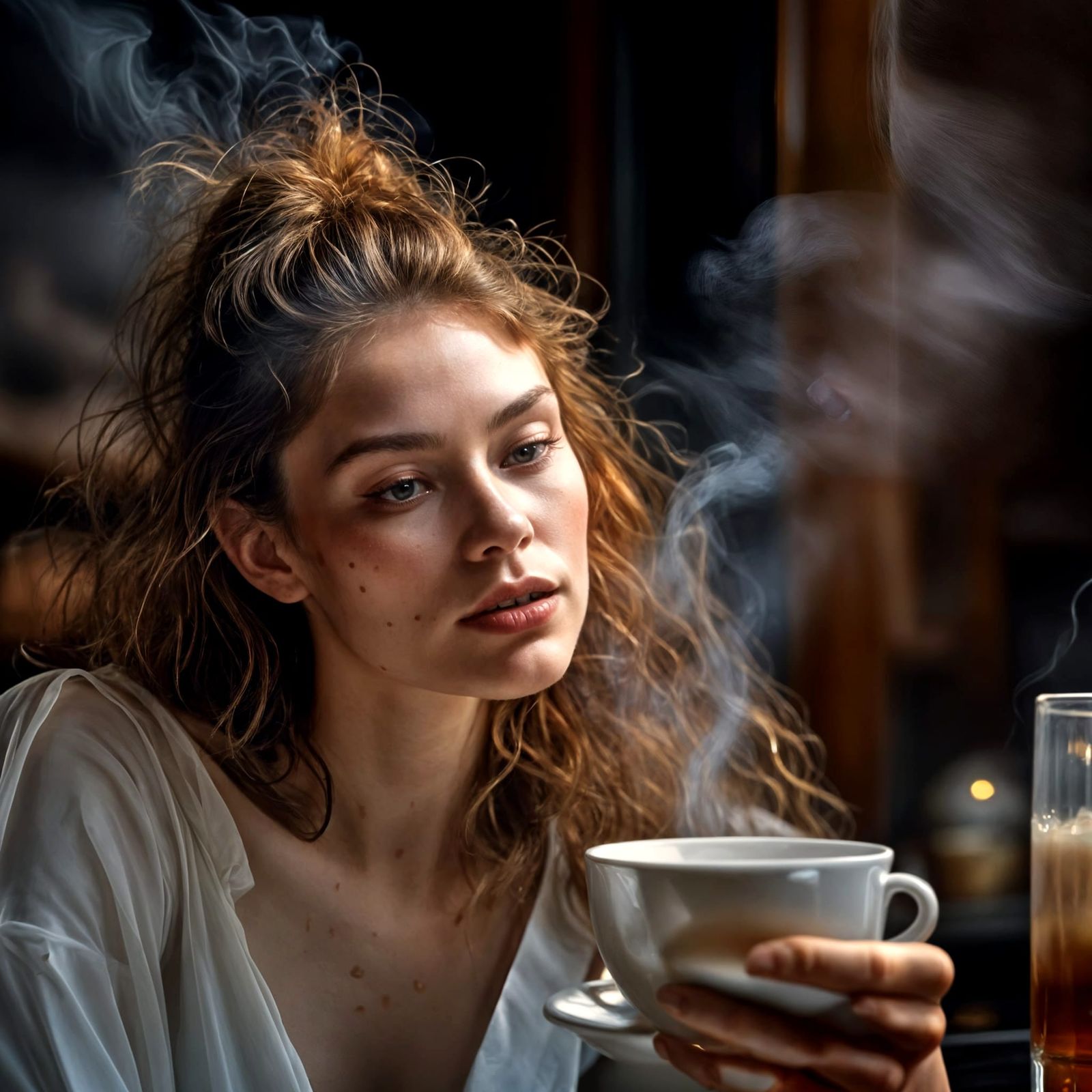 Beautiful Woman Drinks Tea: Photorealistic Portrait