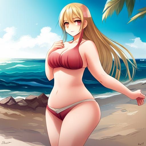 Anime Style Blonde Woman at Beach