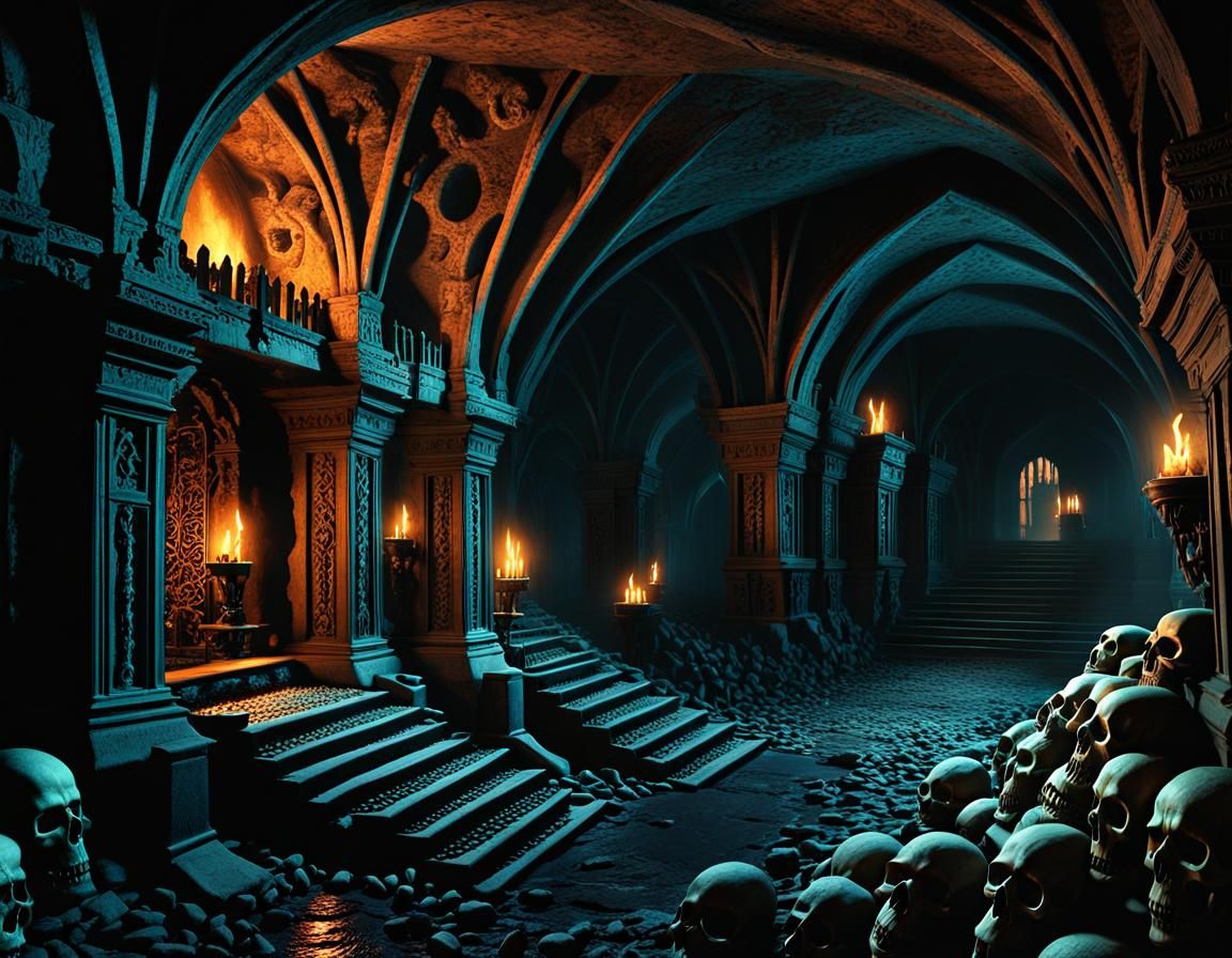 Eerie Catacombs with Skeletal Remains in Matte Painting