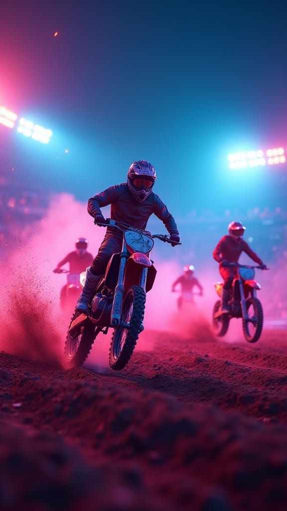 Cinematic Motocross Race at Night Under Neon Lights