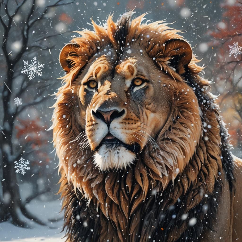 Snowflake Lion Gazing Upward: Hyperrealistic Digital Art