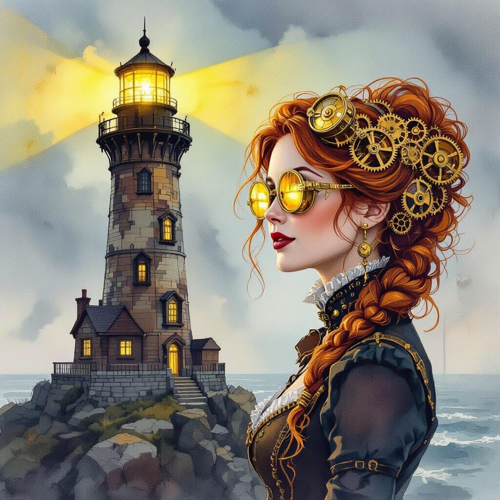 Steampunk Woman by Lighthouse in Watercolor Style